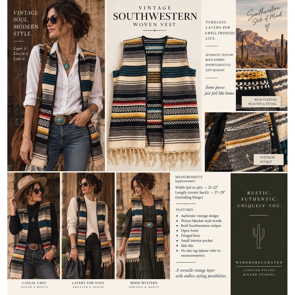 Vintage Southwestern Woven Blanket Vest Long Fringe Boho Western Tribal Stripe